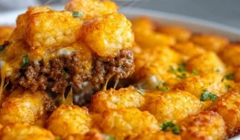 Crispy Tater Tot Casserole with Ground Beef topped with melted cheddar