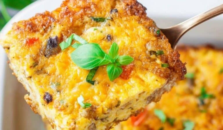Vegetarian Tater Tot Breakfast Casserole topped with herbs