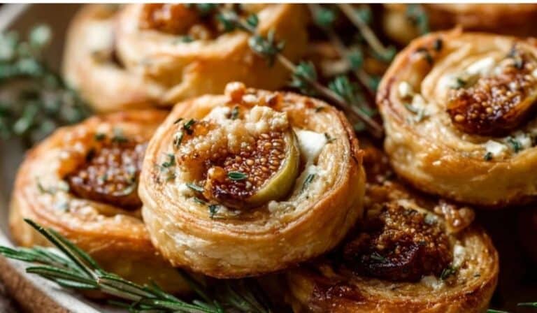 Fig and Goat Cheese Pinwheels served with rosemary and thyme on rustic plate