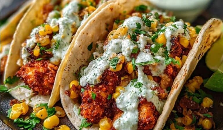 Fried Chicken Street Corn Tacos with Jalapeno Lime Ranch stacked in warm tortillas and drizzled with creamy sauce