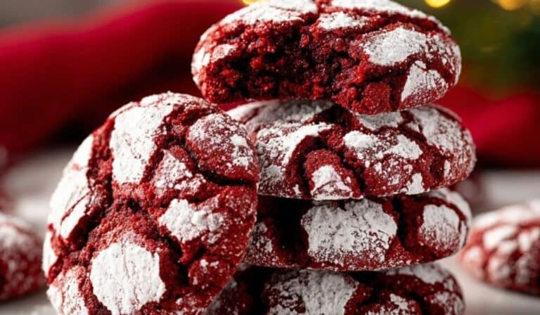 Fudgy Red Velvet Crinkle Cookies stacked with powdered sugar topping