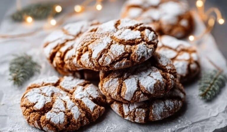 Gingerbread Crinkle Cookies stacked with holiday lights