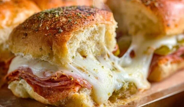 Hot Italian Sub Sliders with melty mozzarella and toasted garlic buns