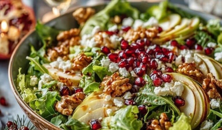Juicy Christmas Salad with Honey Mustard Dressing featuring fresh apples, pomegranate seeds, walnuts, and goat cheese