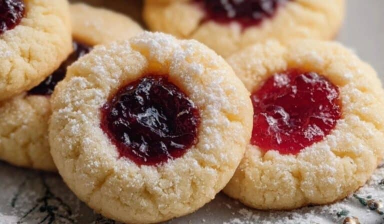 Soft Christmas Thumbprint Cookies with raspberry jam dusted in powdered sugar