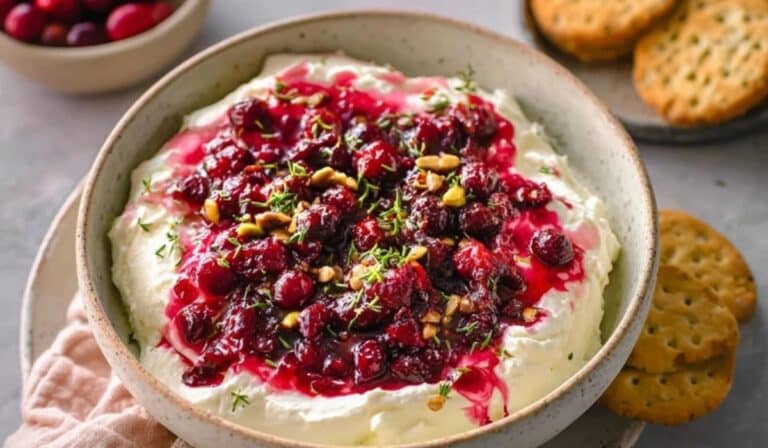 The Best Cranberry Whipped Feta Dip served with crackers in a bowl