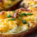 Twice Baked Breakfast Potatoes with cheese and chives on a plate