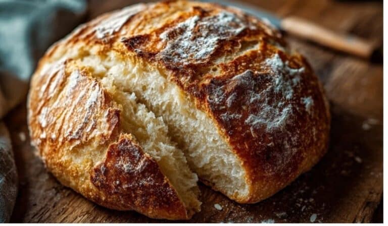 4 Ingredient Artisan Bread fresh out of the oven on wooden table