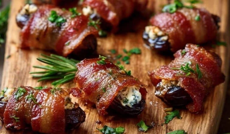 Bacon Wrapped Dates with Goat Cheese on Rustic Board