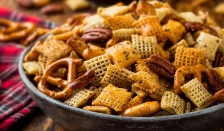 Easy Homemade Chex Mix in a rustic kitchen bowl