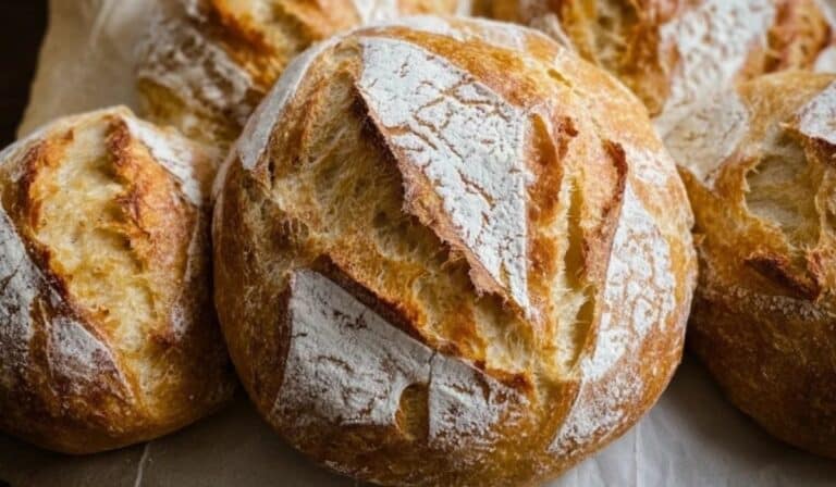 Artisan Bread Recipe with golden crust on baking paper