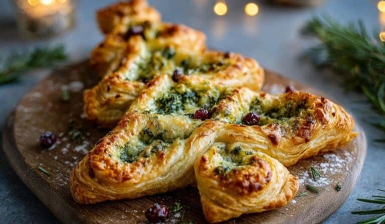 Basil Pesto Cheesy Puff Pastry Christmas Tree served with dips