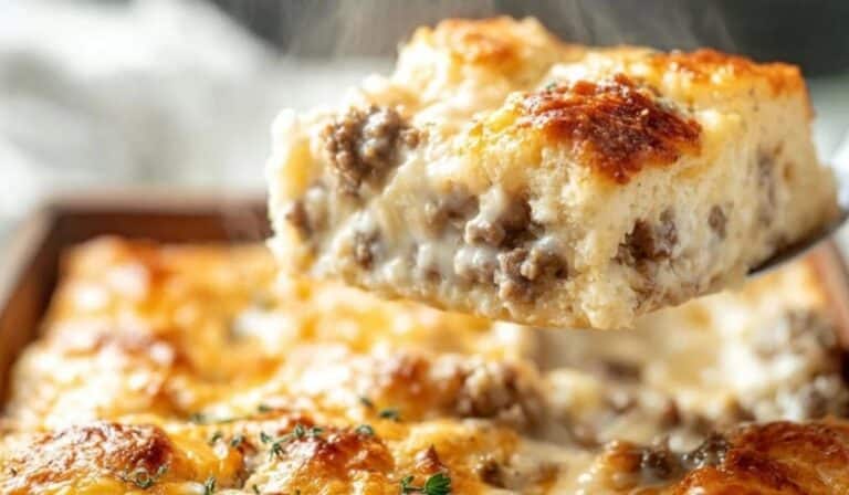 Biscuits and Gravy Breakfast Casserole served fresh in rustic setting