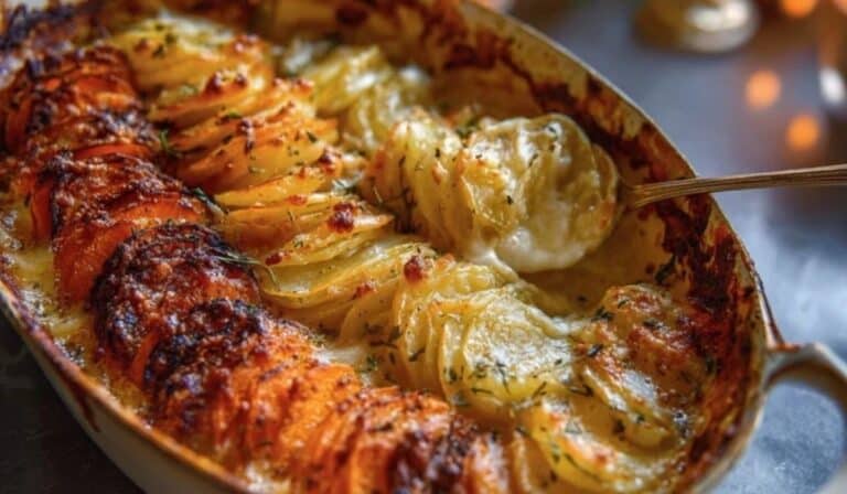 Cheesy Root Vegetable Gratin baked golden with layers of potato and cream