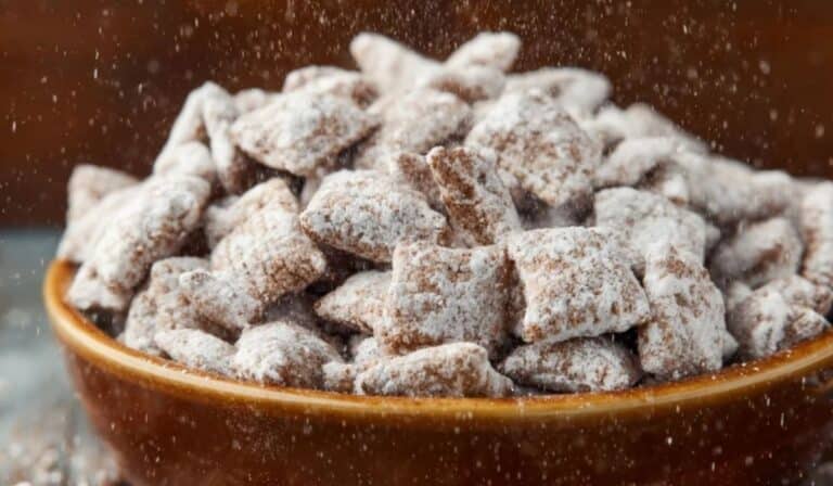 Close-up of Delicious Homemade Puppy Chow in a rustic bowl
