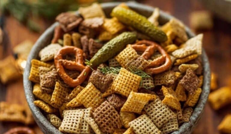 Dill Pickle Snack Mix Recipes in a bowl with pretzels and pickles