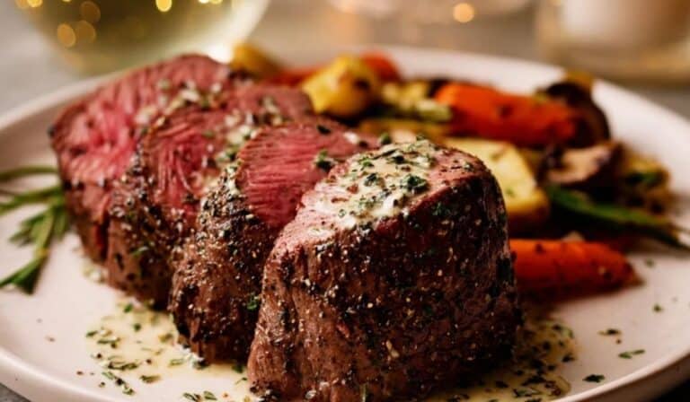 Garlic Butter Beef Tenderloin Recipe served with roasted vegetables