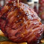 Honey Baked Ham with Orange-Brown Sugar Glaze on holiday platter