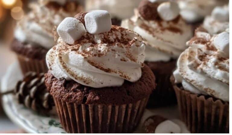 Hot Cocoa Cupcake with toasted marshmallow frosting served on rustic table