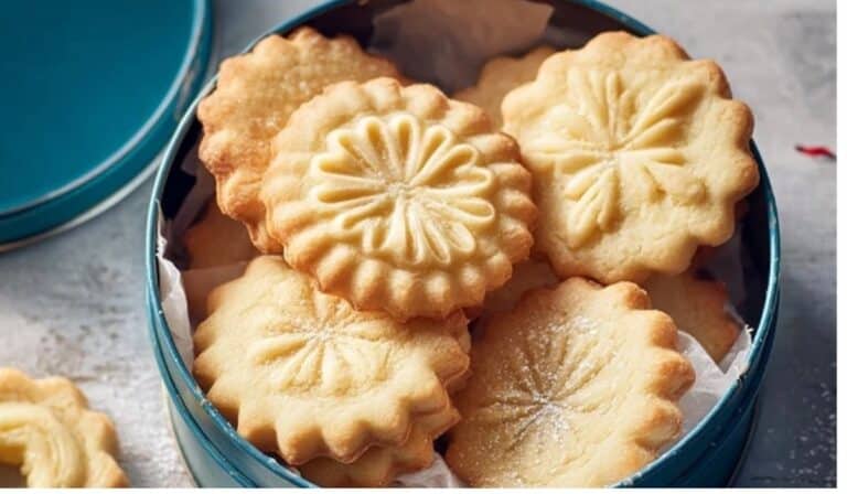 Irresistibly Soft Danish Butter Cookies arranged in a festive tin
