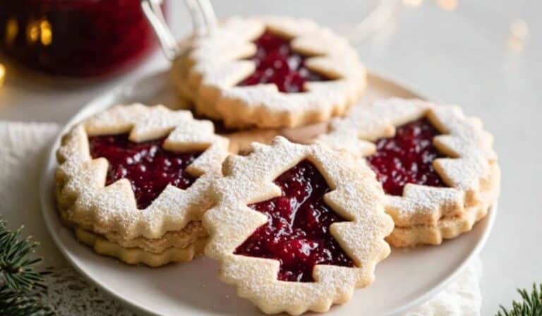Raspberry Linzer Cookies with raspberry jam and powdered sugar on white plate