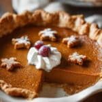 The Great Pumpkin Pie Recipe served on a rustic plate with whipped cream