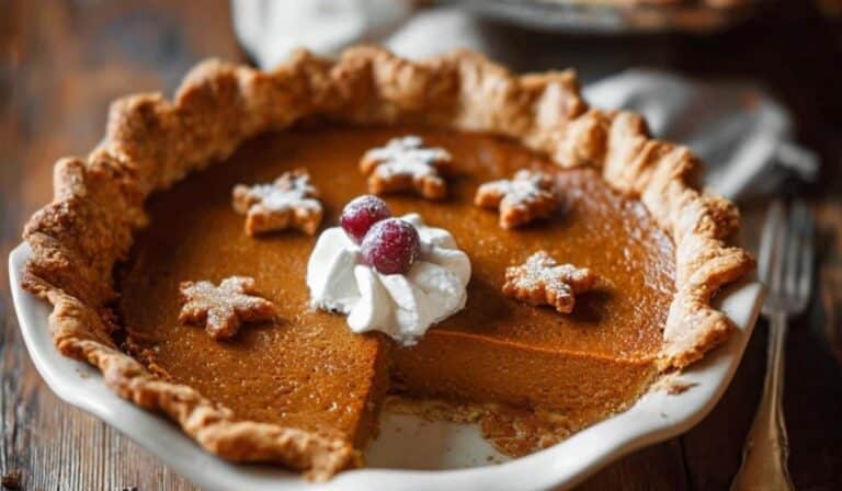 The Great Pumpkin Pie Recipe served on a rustic plate with whipped cream