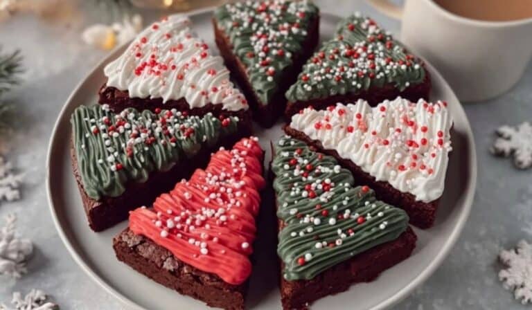 Frosted Christmas Brownies decorated as holiday trees with red, green, and white frosting