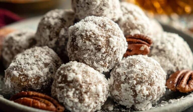 Old Fashioned Bourbon Balls stacked on a plate with pecans