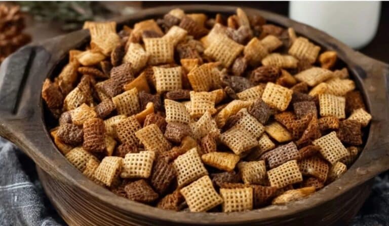 Simple Homemade Chex Mix Classic in a rustic serving bowl