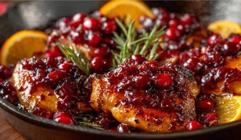 Skillet Cranberry Orange Chicken in a cast-iron pan with garnishes