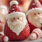 Cute strawberry santa with white chocolate beard and red hat, festive Christmas dessert