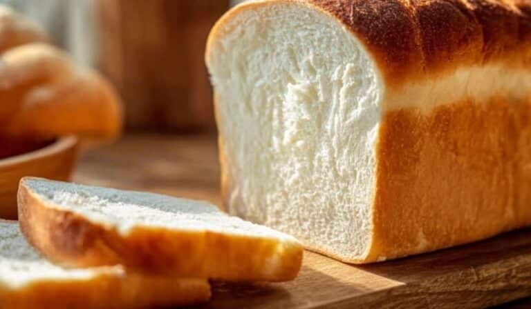 The Best White Bread from Scratch fresh out of the oven with a golden crust on a rustic wooden surface