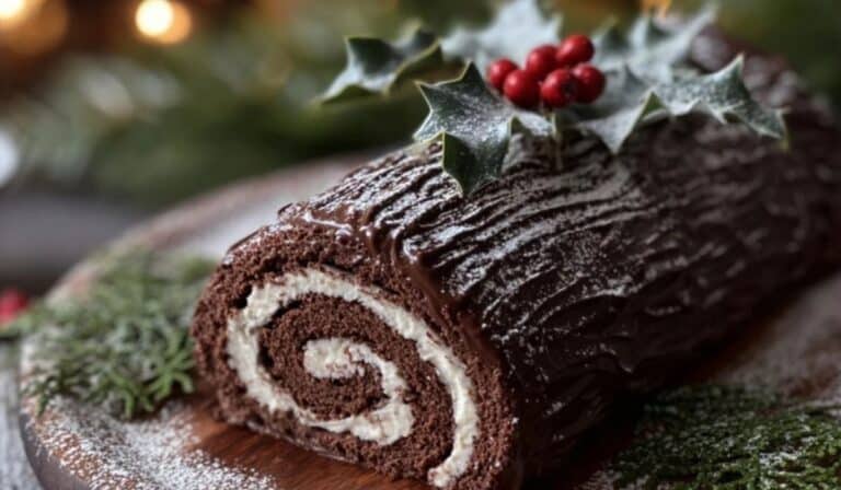 Traditional Chocolate Yule Log on a festive Christmas table