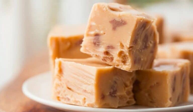 4 Ingredient Peanut Butter Fudge stacked on plate