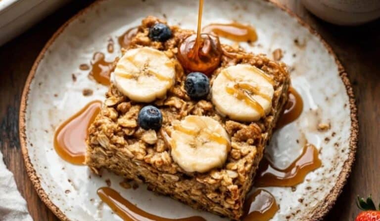 Banana Baked Oatmeal slice on rustic plate