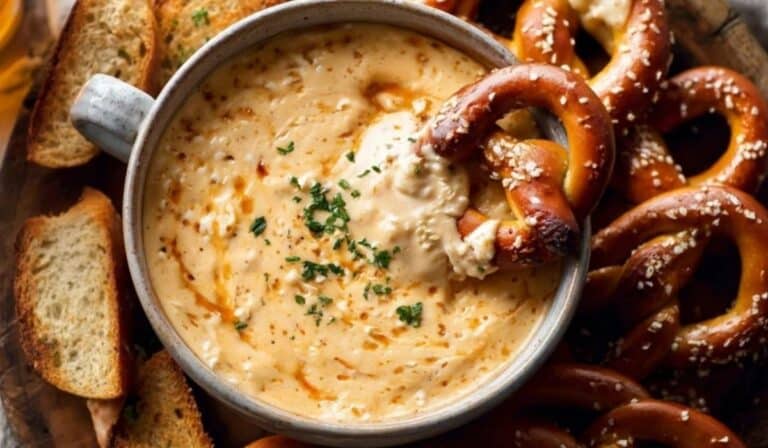 Beer Cheese Dip served with pretzels on rustic table