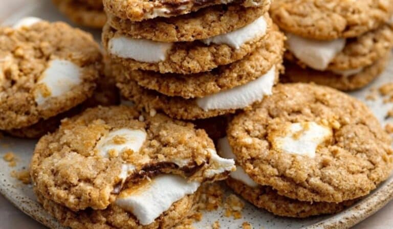 Brown Butter Marshmallow Crispy Cookies stacked on a plate