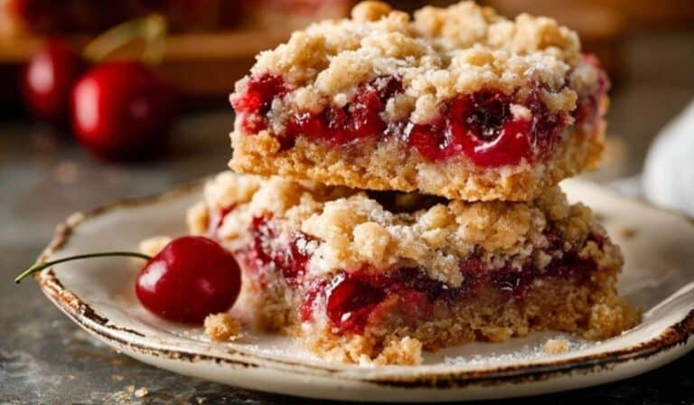 Crumb-Topped Cherry Pie Bars on a vintage plate in a farmhouse kitchen