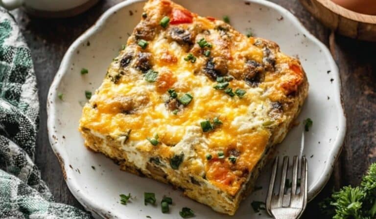 Easy Make-Ahead Breakfast Casserole served in white ceramic dish