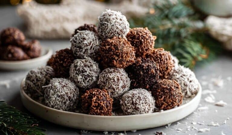 Festive and Easy Rum Balls served on a holiday platter