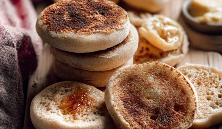Fluffy Homemade English Muffins stacked on a rustic wooden board