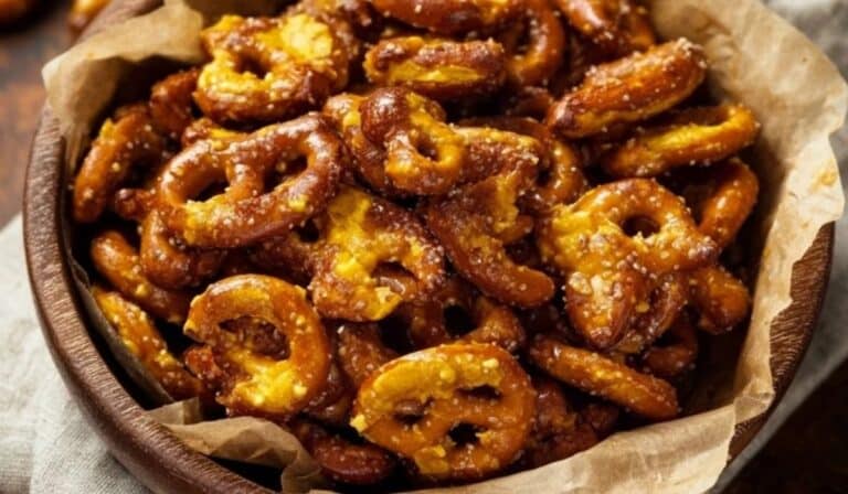 Honey Mustard Pretzel Pieces served in rustic bowl