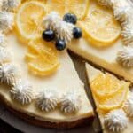 Lemon cheesecake recipe top view on rustic plate