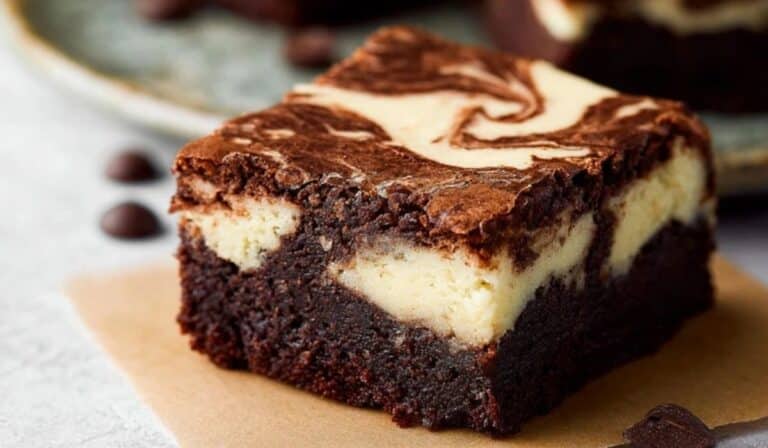 Mocha Cheesecake Brownies served on a ceramic plate