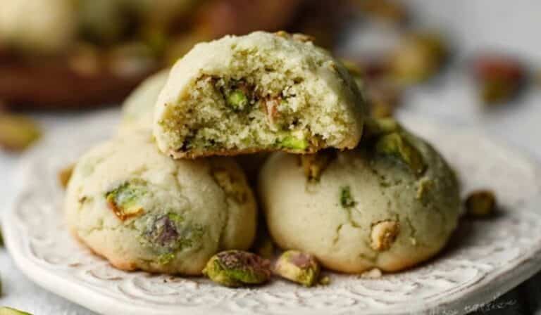 Pistachio Drop Cookies served on a white plate