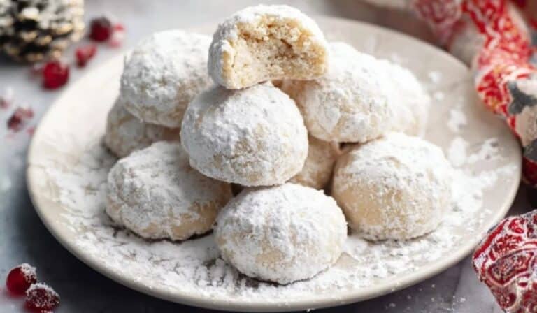 Snowball Cookies served on vintage holiday plate