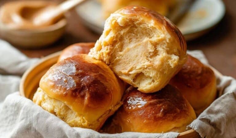 Sweet Potato Dinner Rolls served warm in a basket on a rustic table