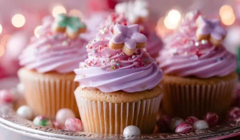 Sugar Plum Fairy Cupcakes on a silver tray with fairy lights