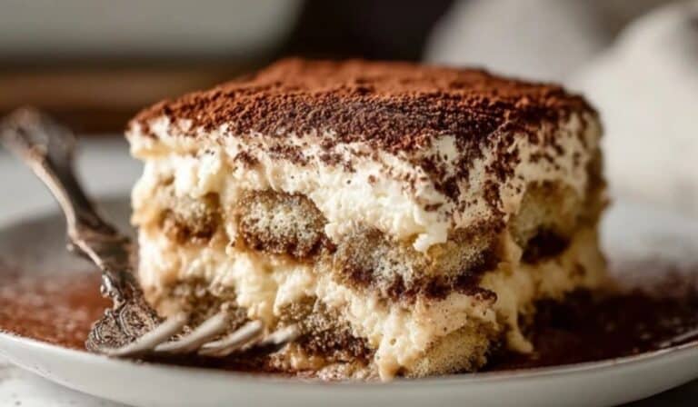 Tiramisu Recipe slice on rustic plate
